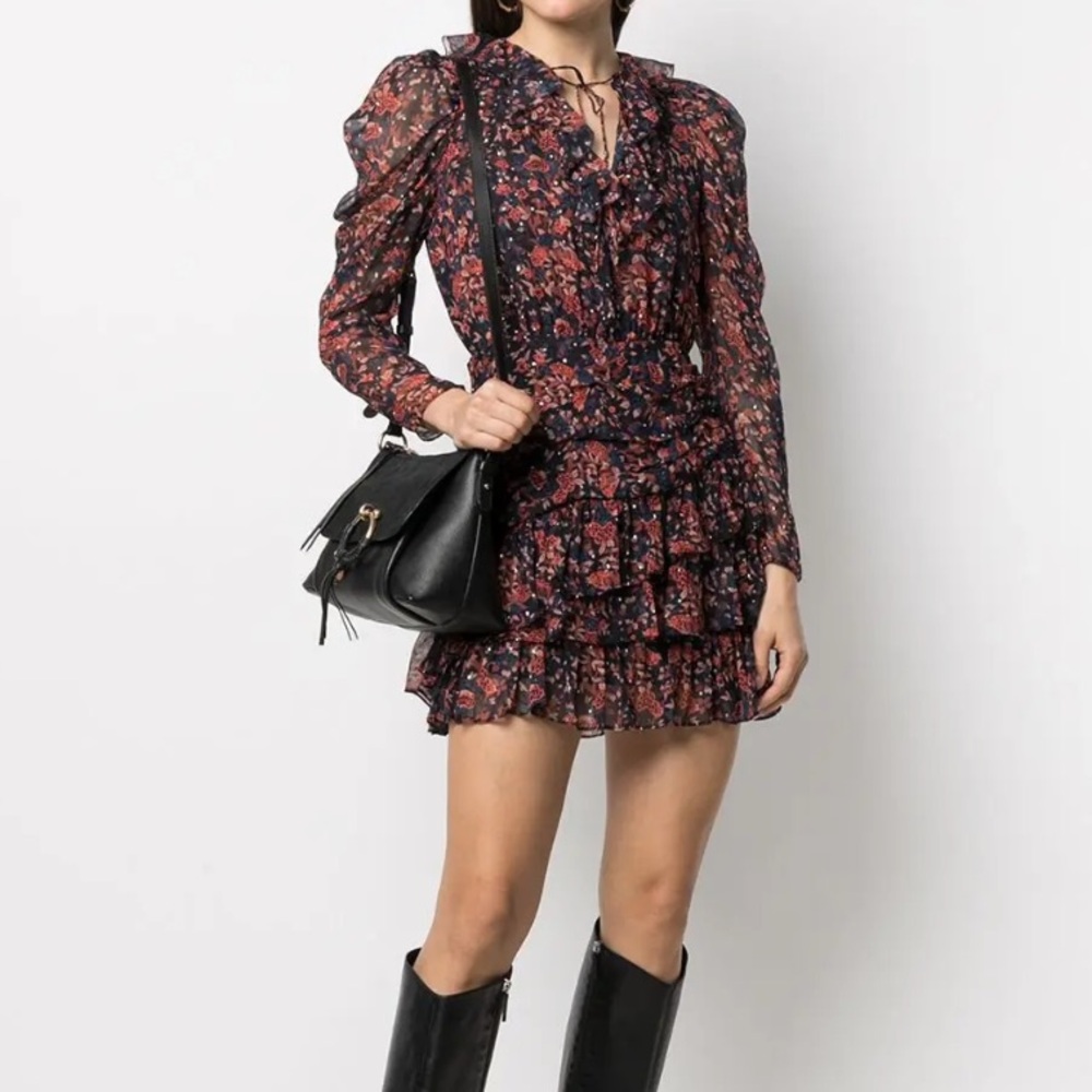 Ulla Johnson Cecily Cosmos Mini Dress Silk Blend Long Puff Sleeve Ruffle Floral